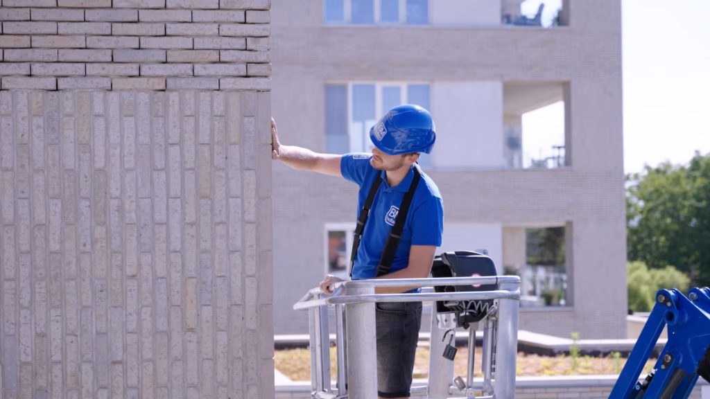 Een bouwvakker met een blauwe helm inspecteert een bakstenen muur terwijl hij op een verhoogd platform staat buiten een gebouw in aanbouw.