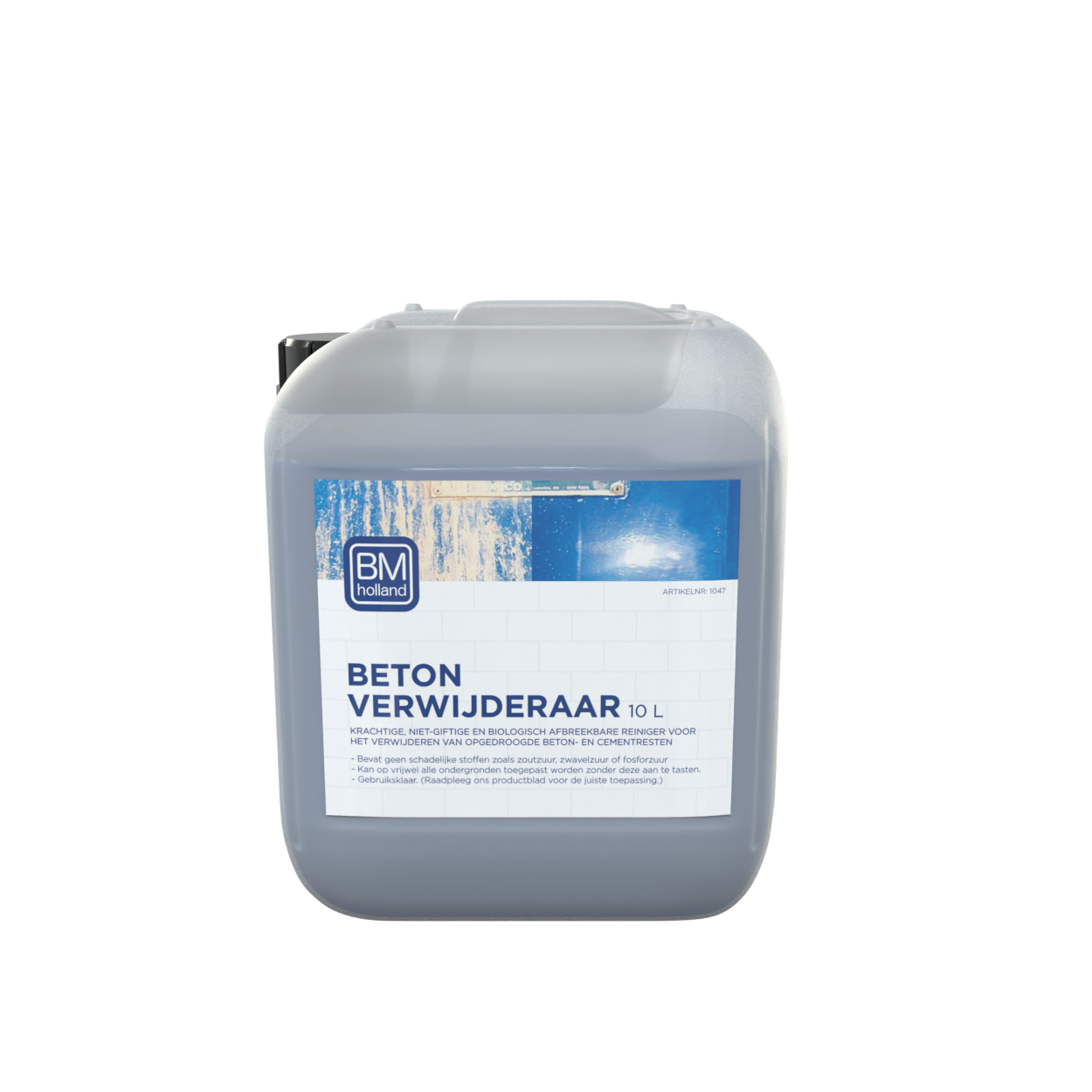 Een plastic verpakking van 10 liter met BM Beton Verwijderaar BIO, een cementverwijderaar, met een blauw-wit etiket en een zwarte dop, afgebeeld tegen een witte achtergrond.