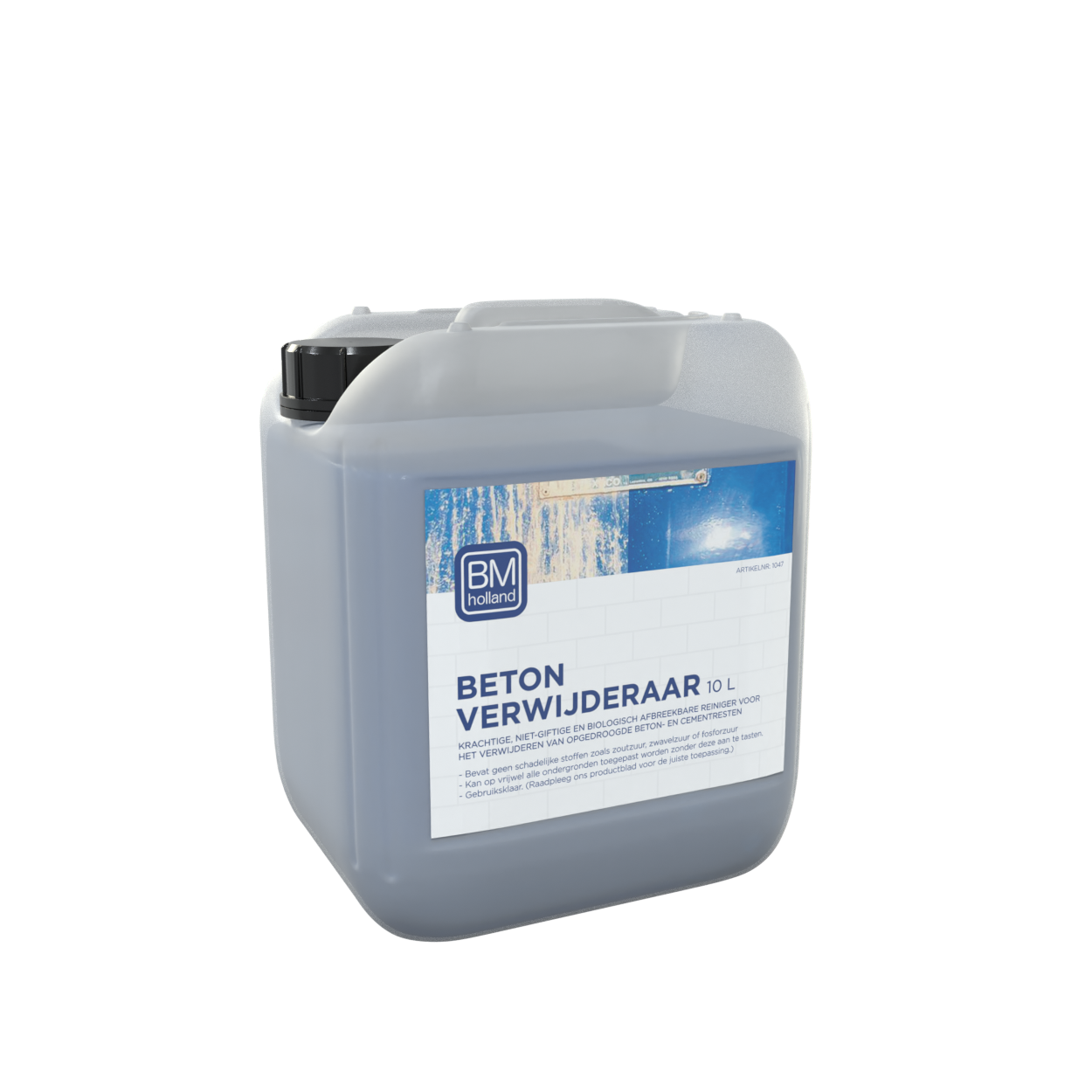 Een plastic container van 10 liter met een zwarte dop, met het opschrift „BM Beton Verwijderaar BIO” (betonverwijderaar) van BM Holland, op een witte achtergrond.