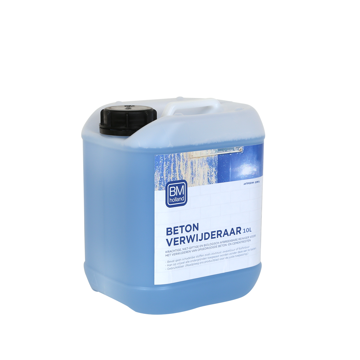 Een blauwe plastic emmer van 10 liter met een zwarte dop, met het opschrift „BM Beton Verwijderaar BIO“ (een betonverwijderaar), tegen een effen witte achtergrond.