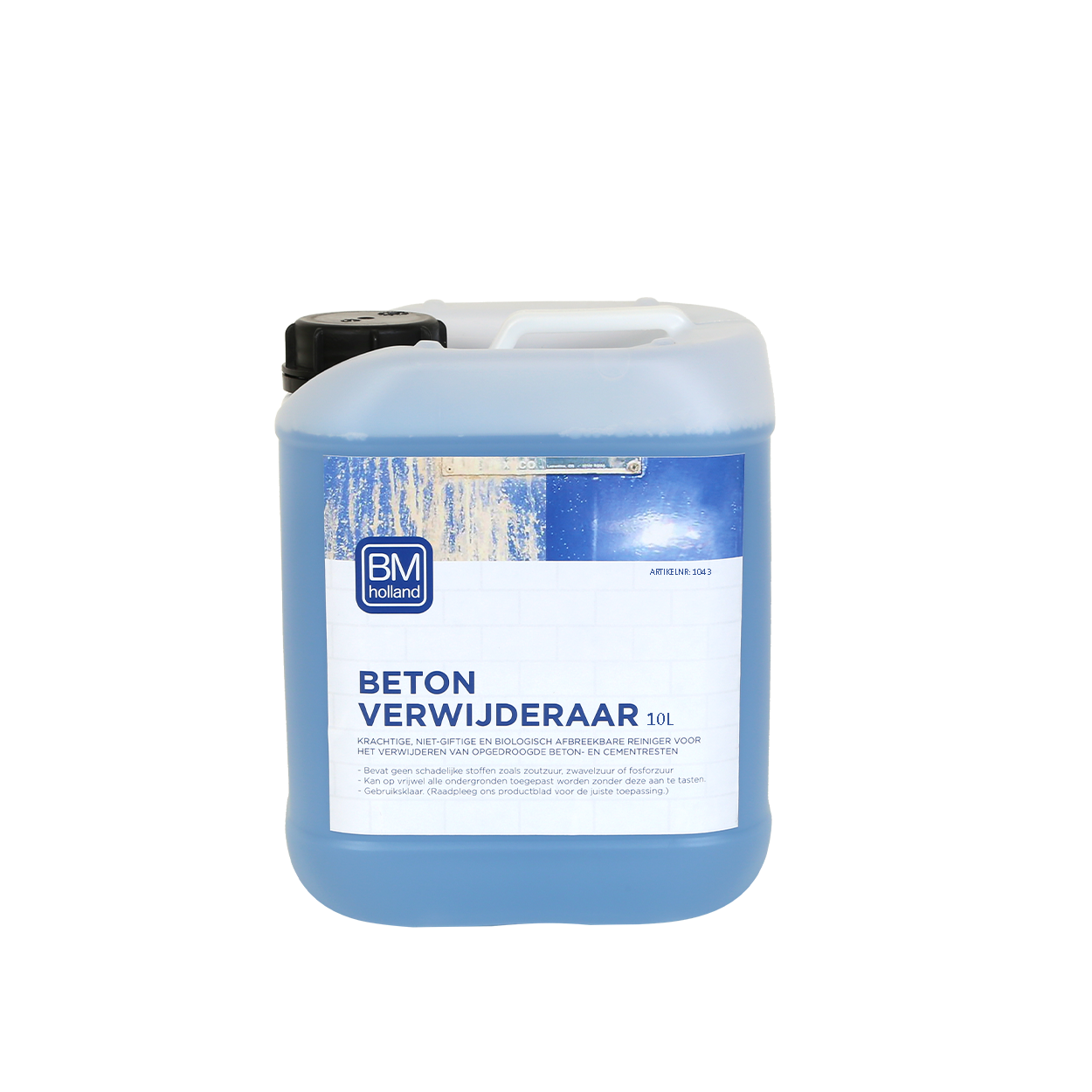 Een blauwe plastic emmer van 10 liter met het opschrift „BM Beton Verwijderaar BIO”, voorzien van een blauw-wit etiket en een zwarte schroefdop linksboven, bedoeld voor het verwijderen van beton.
