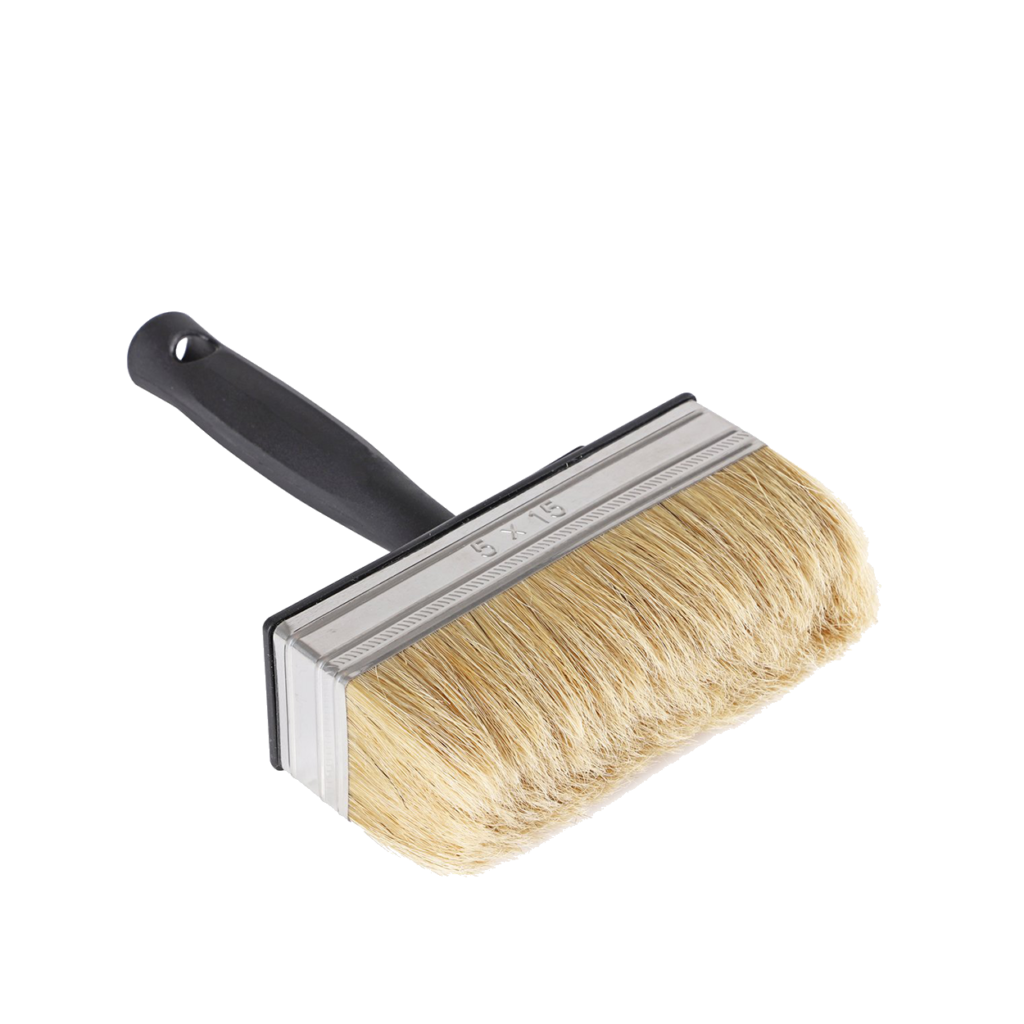 De BM-Blokkwast, een brede verfkwast met een zwart handvat en dikke, lichte haren, wordt tegen een witte achtergrond getoond.