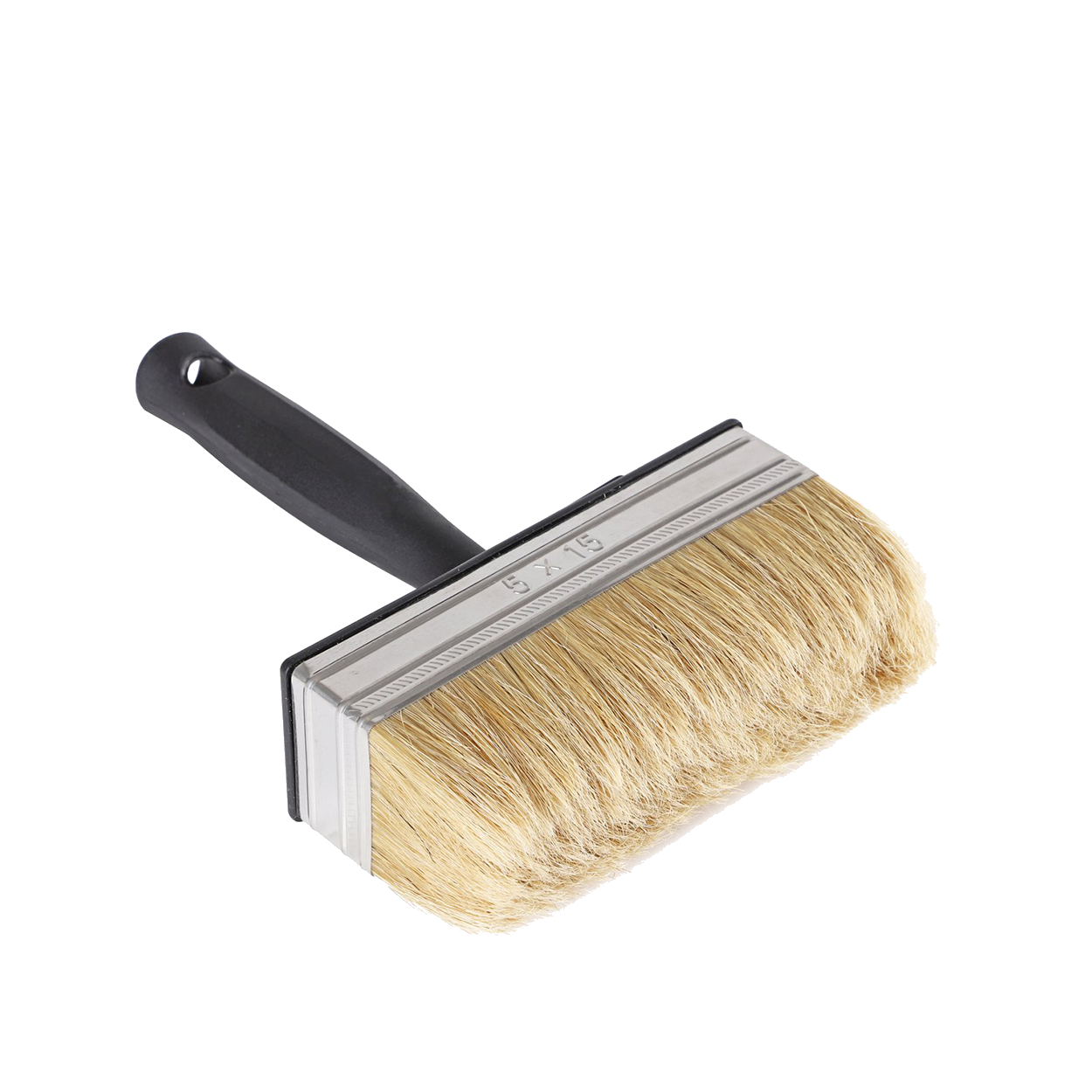De BM-Blokkwast, een brede verfkwast met een zwart handvat en dikke, lichte haren, wordt tegen een witte achtergrond getoond.