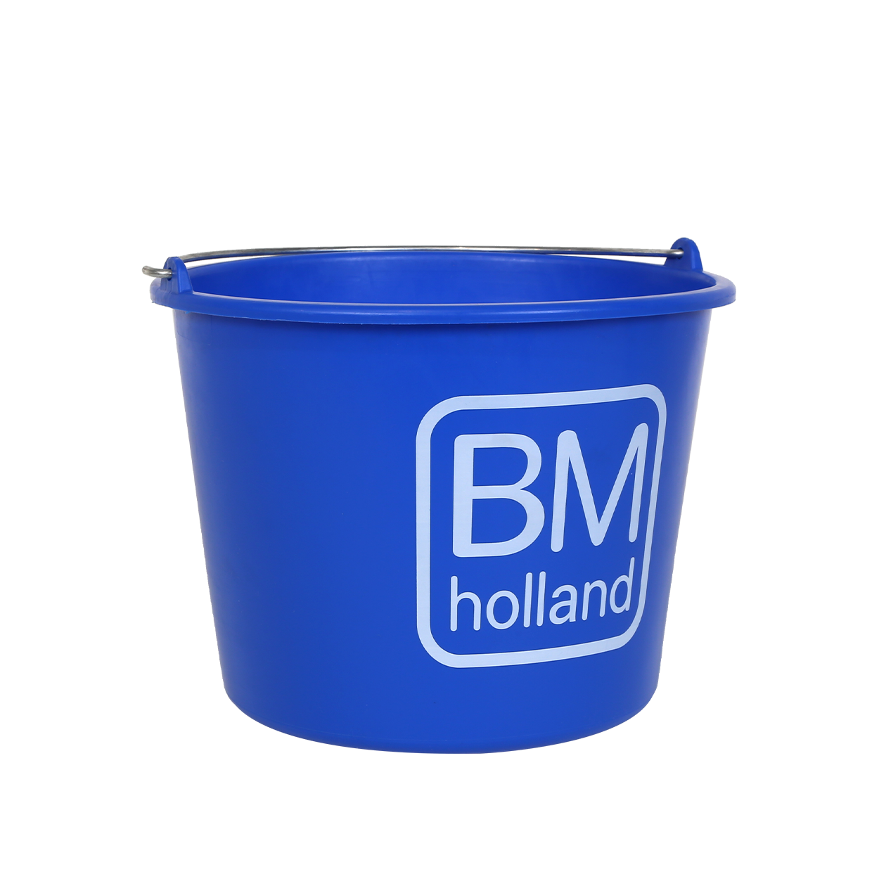 Een blauwe plastic BM-Emmer-emmer met een metalen handvat en de witte tekst „BM holland“ op de zijkant gedrukt.