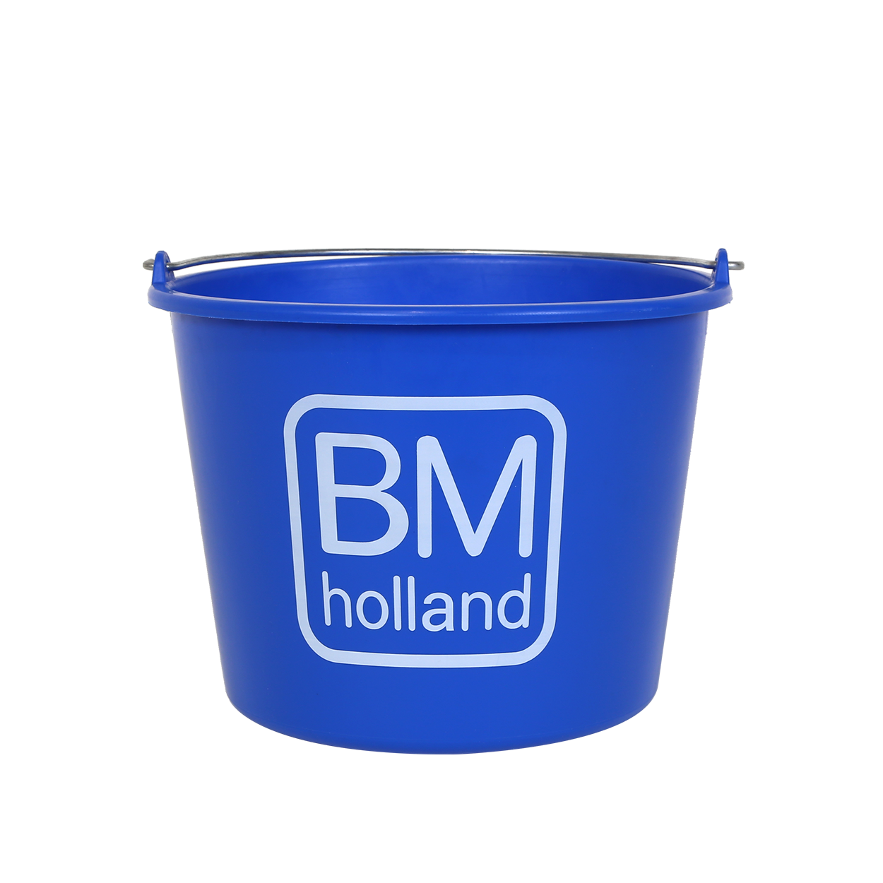 Een blauwe plastic BM-Emmer-emmer met een metalen handvat en de witte tekst „BM holland“ op de zijkant, afgebeeld tegen een effen witte achtergrond.
