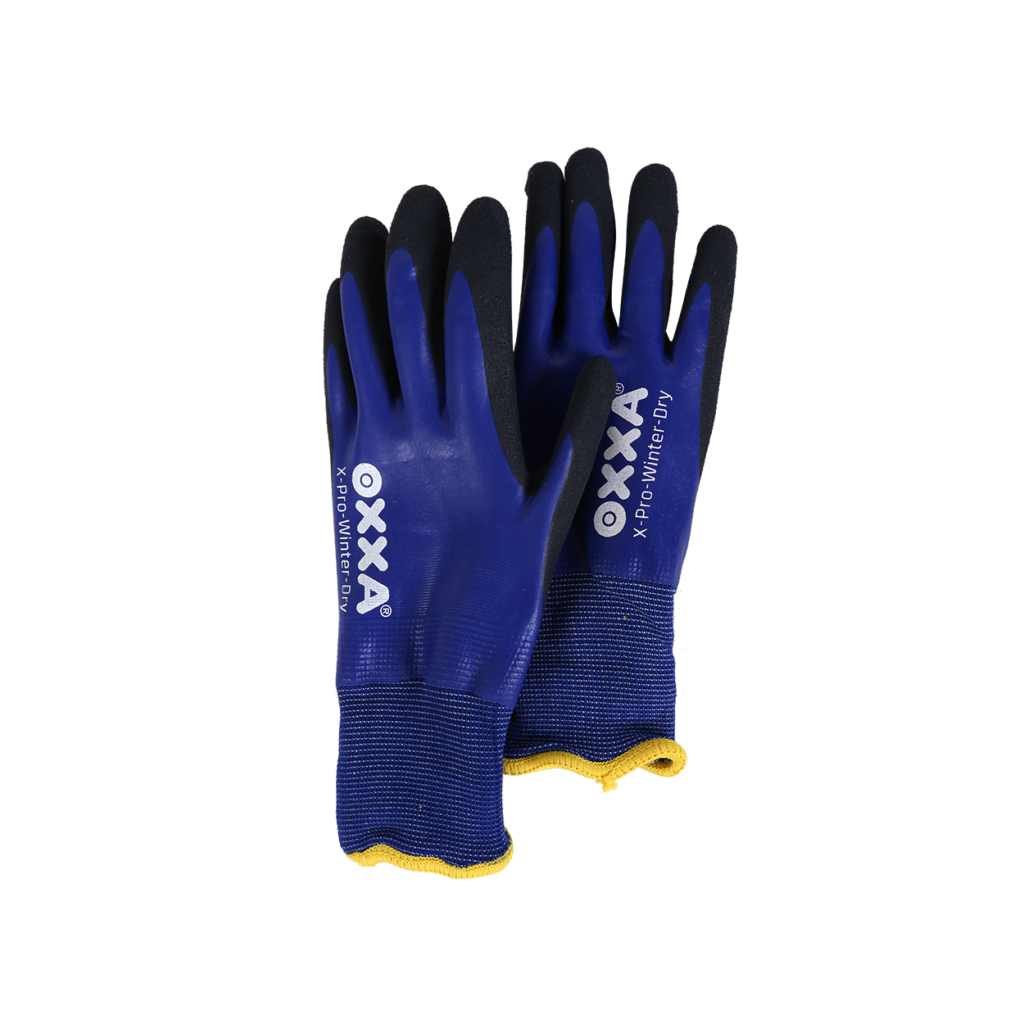 Een paar blauw-zwarte BM-Handschoenen Winter-werkhandschoenen met gele manchetten, afgebeeld tegen een witte achtergrond.
