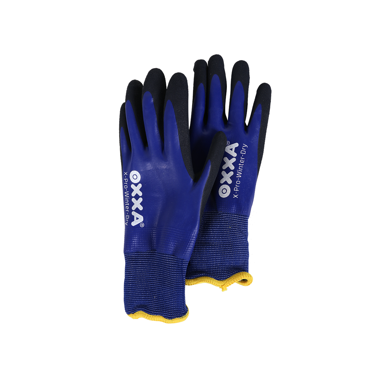 Een paar blauw-zwarte BM-Handschoenen Winter-werkhandschoenen met gele manchetten, afgebeeld tegen een witte achtergrond.