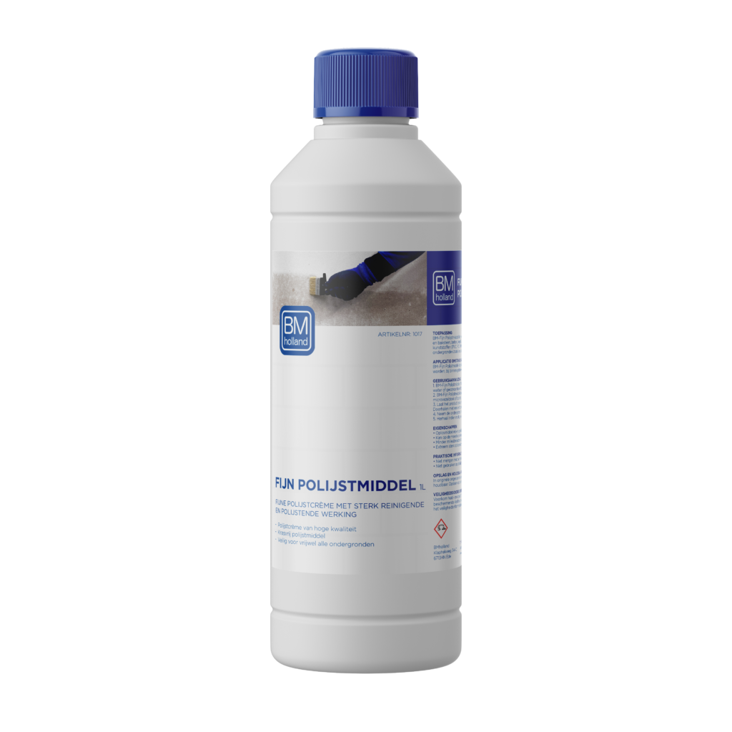 Een witte plastic fles BM Fijn polijstmiddel van 1 liter met een blauwe dop en een etiket met Nederlandse tekst en een afbeelding van iemand die een stenen oppervlak polijst.