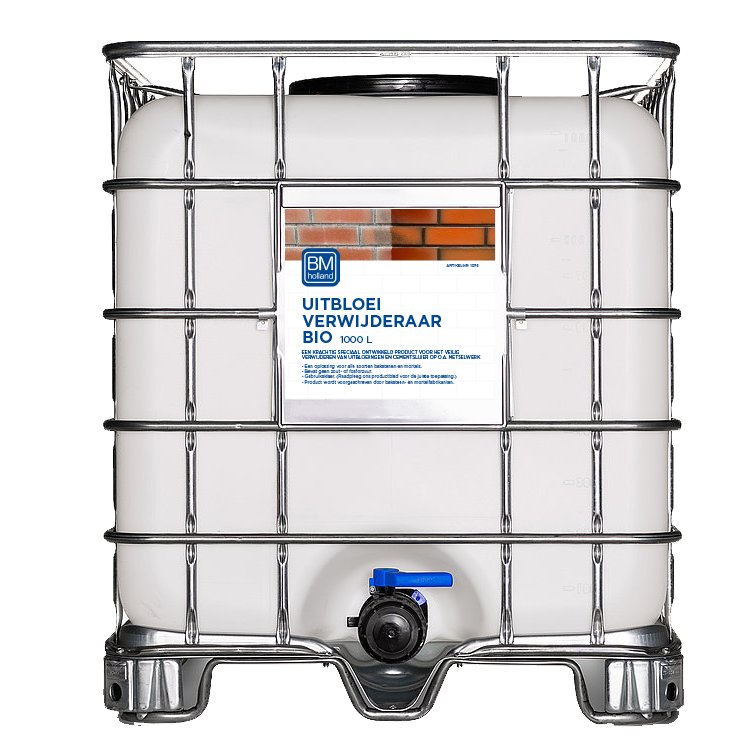 Een grote witte industriële container met een metalen kooi, een blauwe klep en een etiket met de tekst „UITBLOEI VERWIJDERAAR BIO 1000 L” op de voorkant.