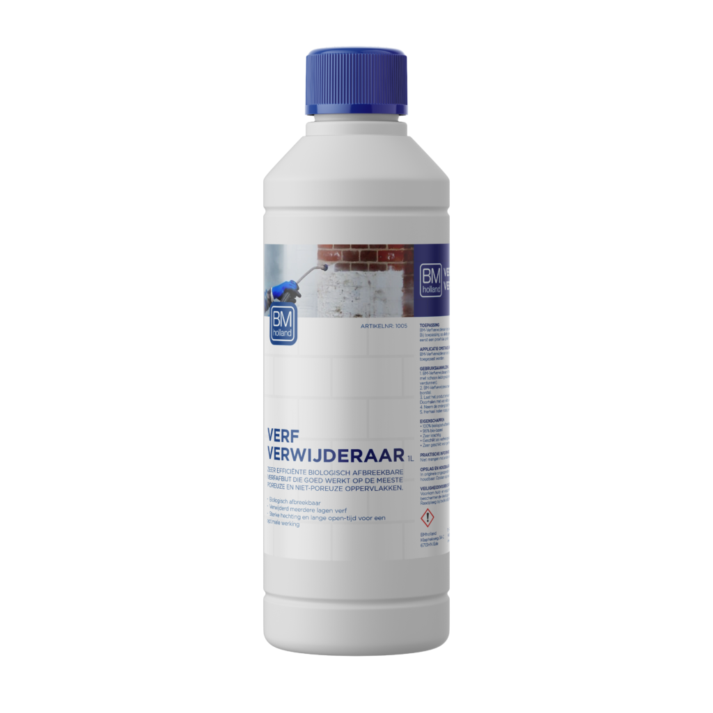 Een witte plastic fles met een blauwe dop, waarop „BM Verf Verwijderaar” staat en Nederlandse tekst, met een afbeelding van iemand die verfverwijderaar op een bakstenen muur aanbrengt.