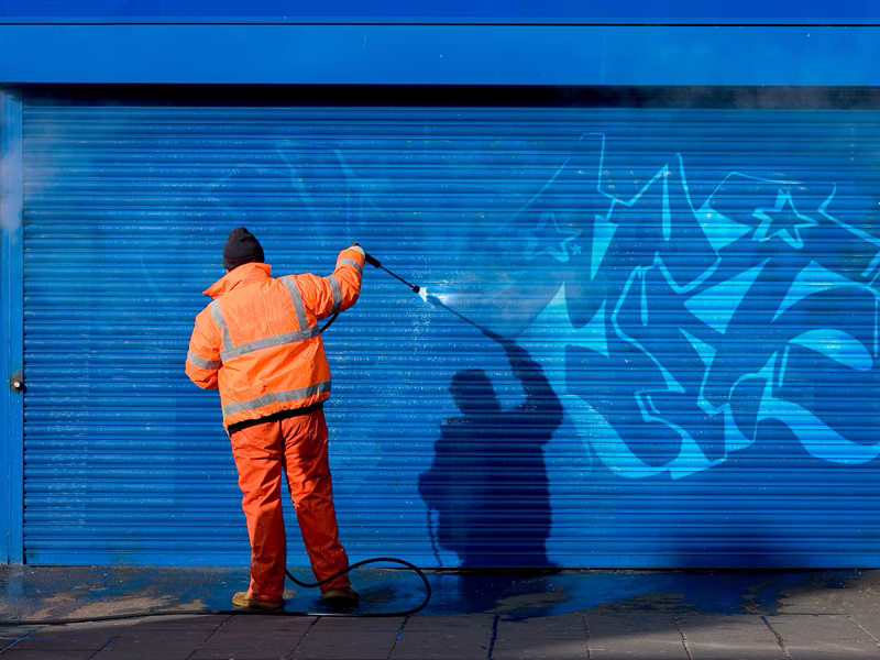 Iemand in oranje werkkleding spuit met een hogedrukreiniger blauwe graffiti van een blauw metalen rolluik van een gebouw, terwijl zijn schaduw op de deur te zien is.