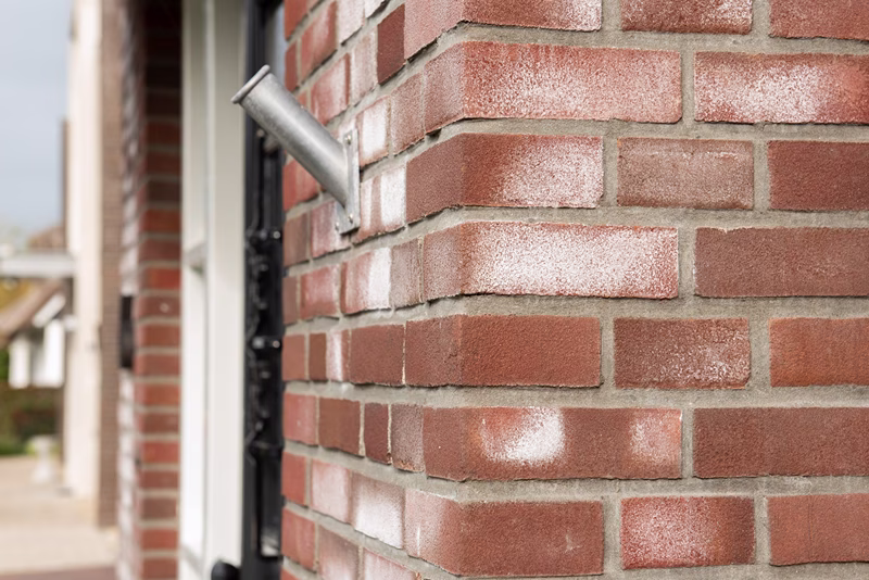 Uit de hoek van een roodbakstenen gebouw steekt een metalen buis, en op de bakstenen zijn enkele witte vlekken te zien.
