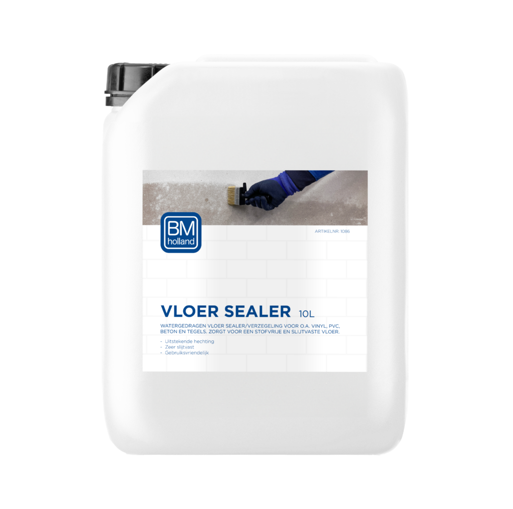Een witte emmer van 10 liter met het opschrift „BM Vloer Sealer”, voorzien van het BM Holland-logo, blauwe en zwarte tekst en een afbeelding van een hand die sealer op een betonnen vloer aanbrengt.