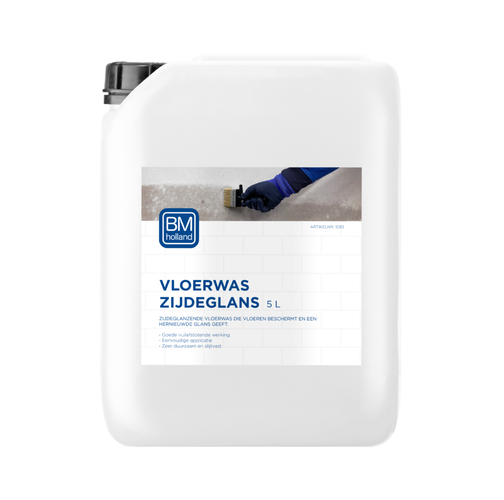 Een witte emmer van 5 liter met BM Vloerwas Zijdeglans, met een blauw etiket en een afbeelding van een hand met een handschoen die met een kwast was aanbrengt.