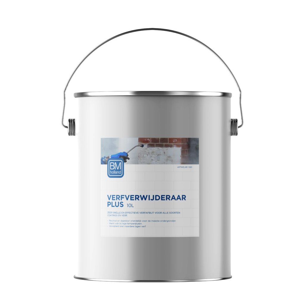 Een zilverkleurig verfblik met een handvat en een etiket met de tekst „BM Verf Verwijderaar Plus 10L”, waaruit blijkt dat het om een verfverwijderaar gaat. Op het etiket staat een blauw logo en een afbeelding waarop te zien is hoe verf van een muur wordt verwijderd.