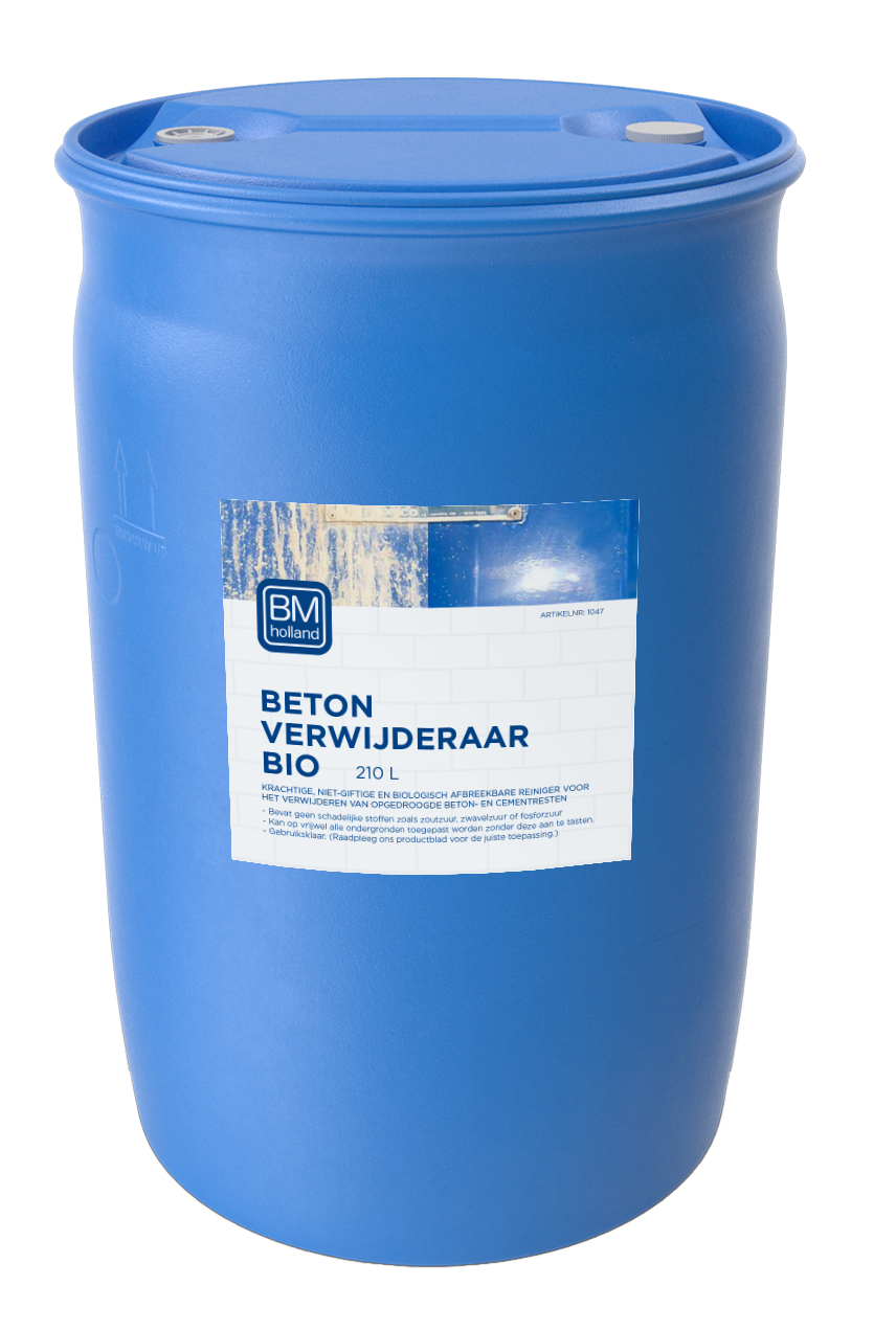 Een groot blauw plastic vat met het opschrift „BM Beton Verwijderaar BIO 210L” en het logo van BM Holland, bedoeld voor het opslaan van betonverwijderaar. Het vat heeft een gesloten bovenkant en staat rechtop tegen een witte achtergrond.