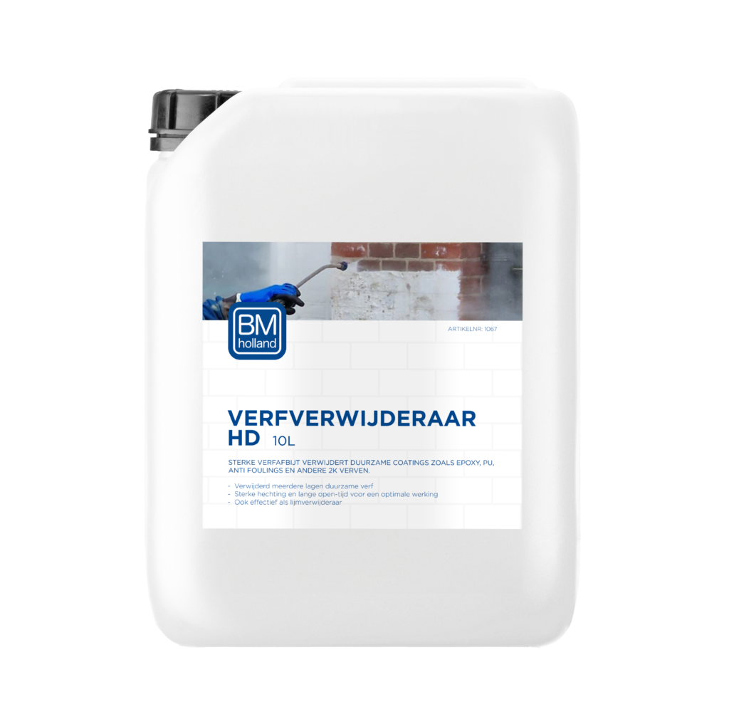 Een witte container van 10 liter met het opschrift ‘BM Verf Verwijderaar HD’ van BM Holland, voorzien van productinformatie in het Nederlands en een afbeelding van een hand met een blauwe handschoen die een verfverwijderaar op een muur gebruikt.