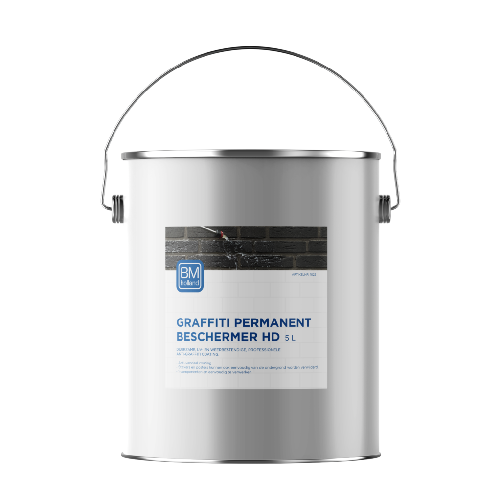 Een zilverkleurig verfblik met een handvat, met het opschrift „BM Graffiti Permanent Beschermer HD 5L”, tegen een effen witte achtergrond.