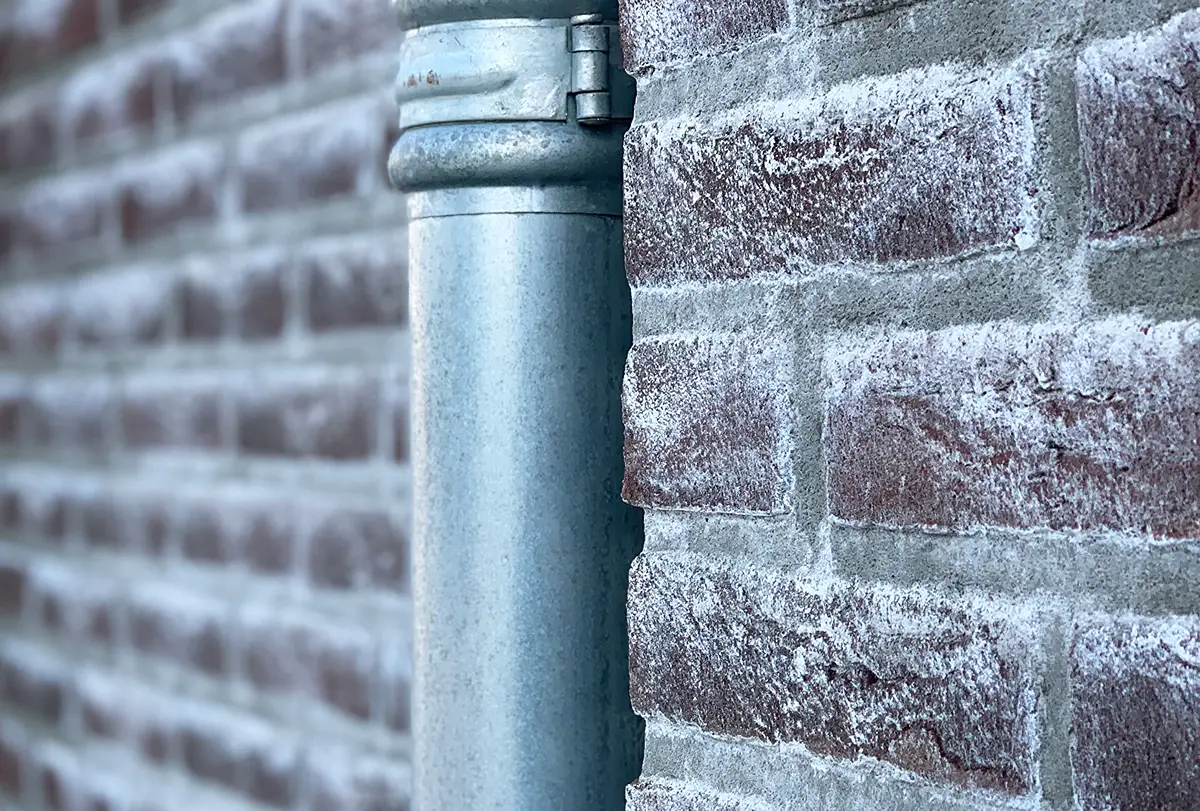 Close-up van een metalen regenpijp die aan een bakstenen muur is bevestigd, waarbij witte aanslag op de bakstenen te zien is. De foto legt de nadruk op de textuur en de details van zowel de pijp als de bakstenen.