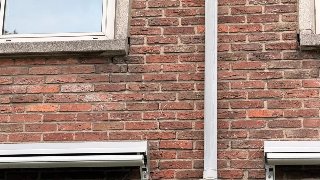 Er loopt een verticale scheur door een rode bakstenen muur, tussen een raam linksboven en een luifel onderaan. Aan de muur is een witte regenpijp bevestigd, iets rechts van de scheur.